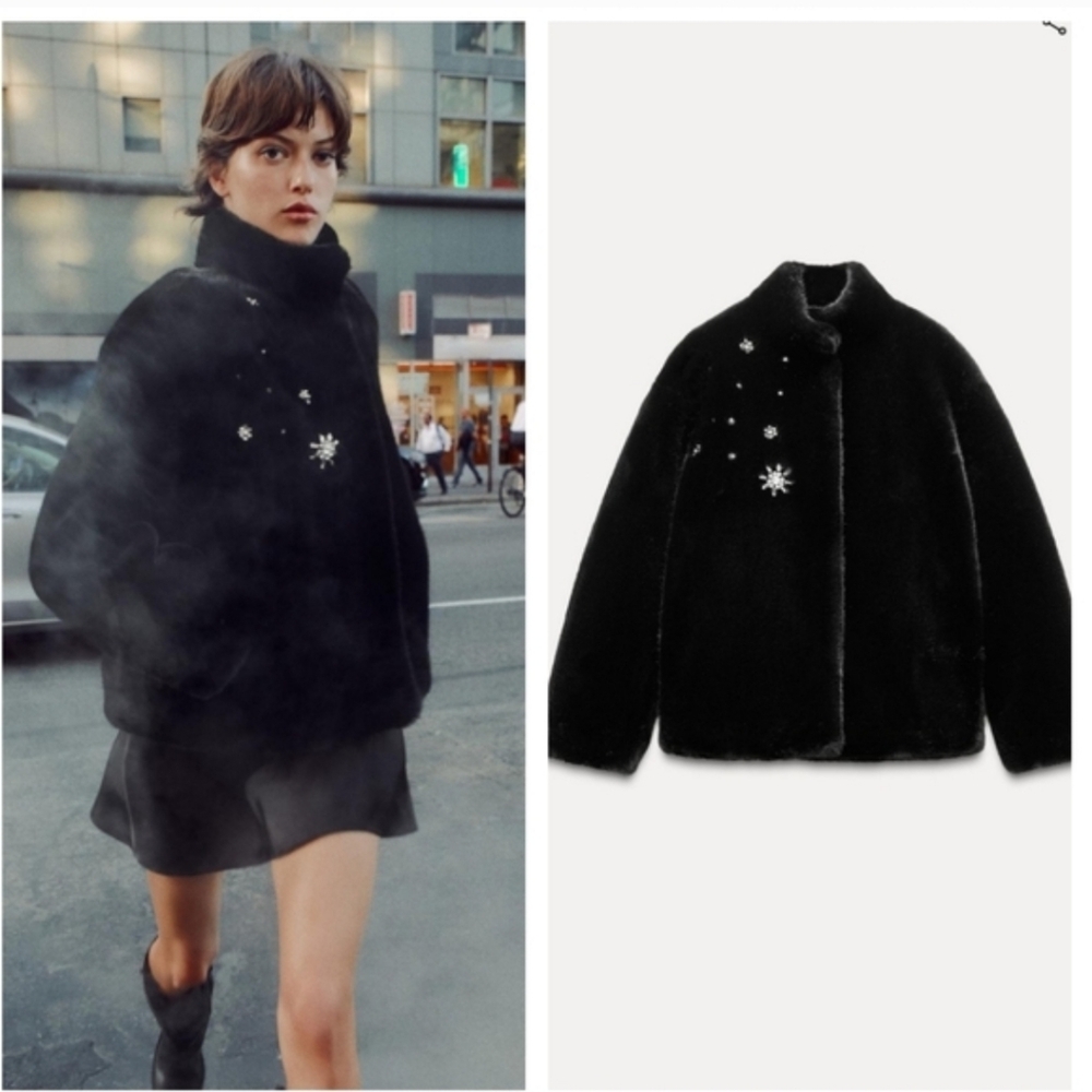 Zara Coat Jewel Faux Fur Black NWT - Picture 4 of 12